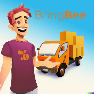 Create an image depicting a user with a smile on their face receiving a 'pickup only' item delivered by BringBee.